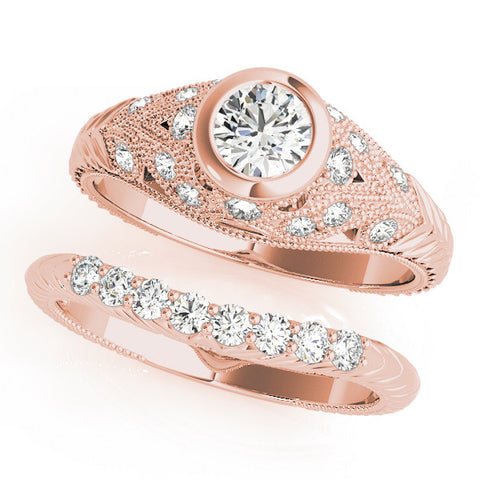 Rose gold Bezel Set Round Diamond Milgrain Band Ring 1