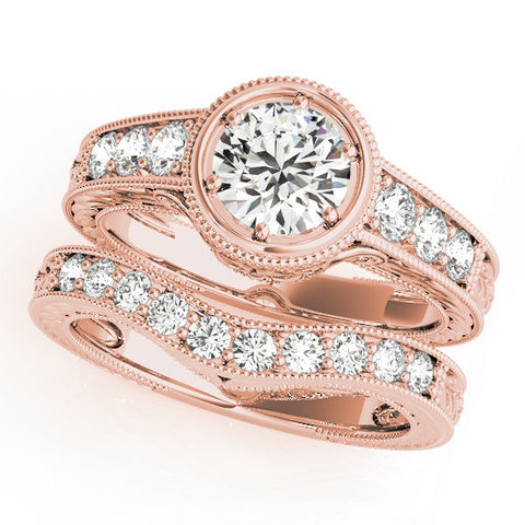 Rose gold Bezel Set Round Diamond Milgrain Pave Engagement Ring 1