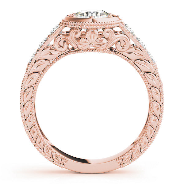 Rose gold Bezel Set Round Diamond Milgrain Pave Engagement Ring 2