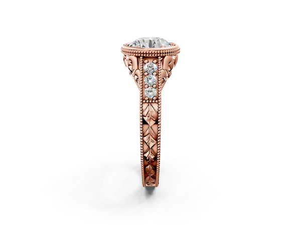 Rose Gold Round Vintage Bezel Solitaire Engagement Ring Setting with Milgrain Pave Band