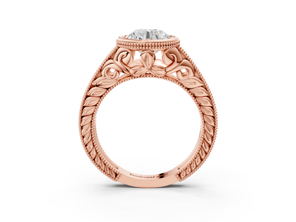 Rose Gold Round Vintage Bezel Solitaire Engagement Ring Setting with Milgrain Pave Band