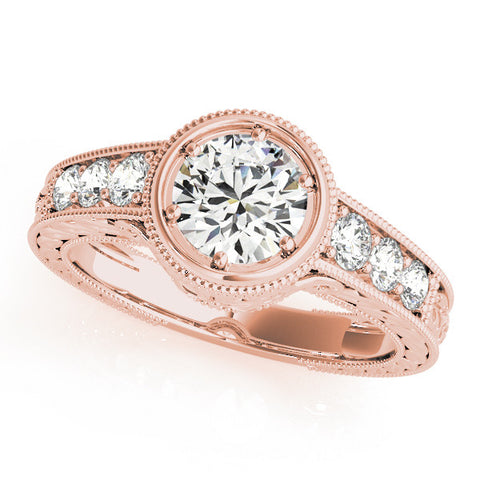 Rose gold Bezel Set Round Diamond Milgrain Pave Engagement Ring