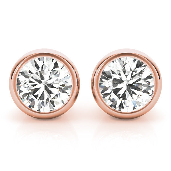 Rose gold Bezel Set Round Diamond Stud Earrings with Push Back