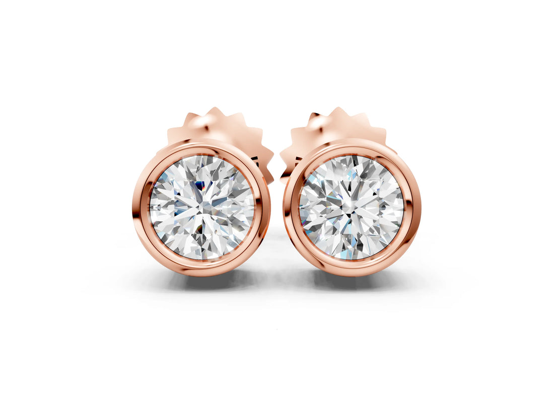 Rose gold Bezel Set Round Diamond Stud Earrings with Push Back_28