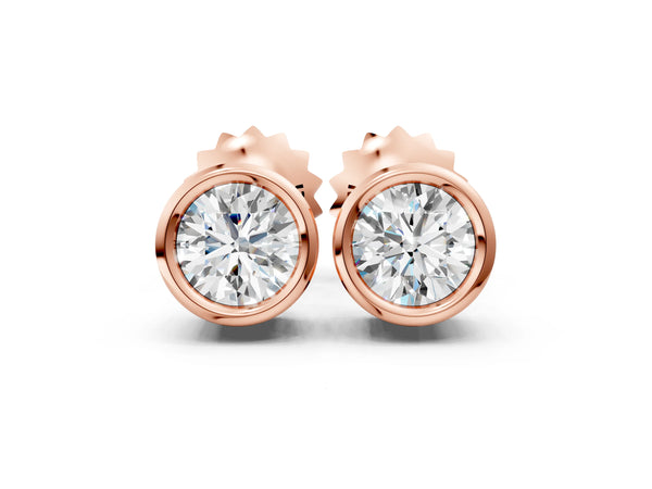 Rose gold Bezel Set Round Diamond Stud Earrings with Push Back
