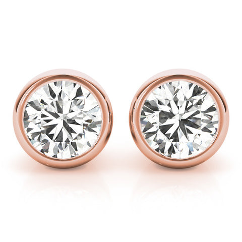 Rose gold Bezel Set Round Diamond Stud Earrings with Push Back