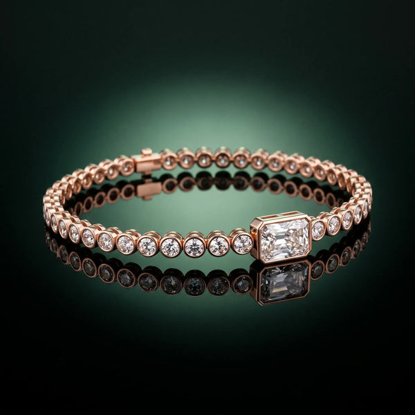 14K Rose Gold 7.03 Carat F VS1 Bezel-Set Round Diamond Tennis Bracelet with Radiant Center Diamond
