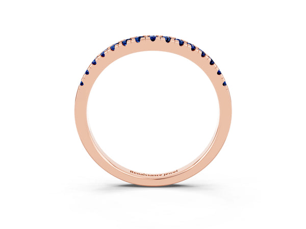 Rose Gold Round Lab-Grown Blue Sapphire Pave Contour Wedding Band with Shared Prongs