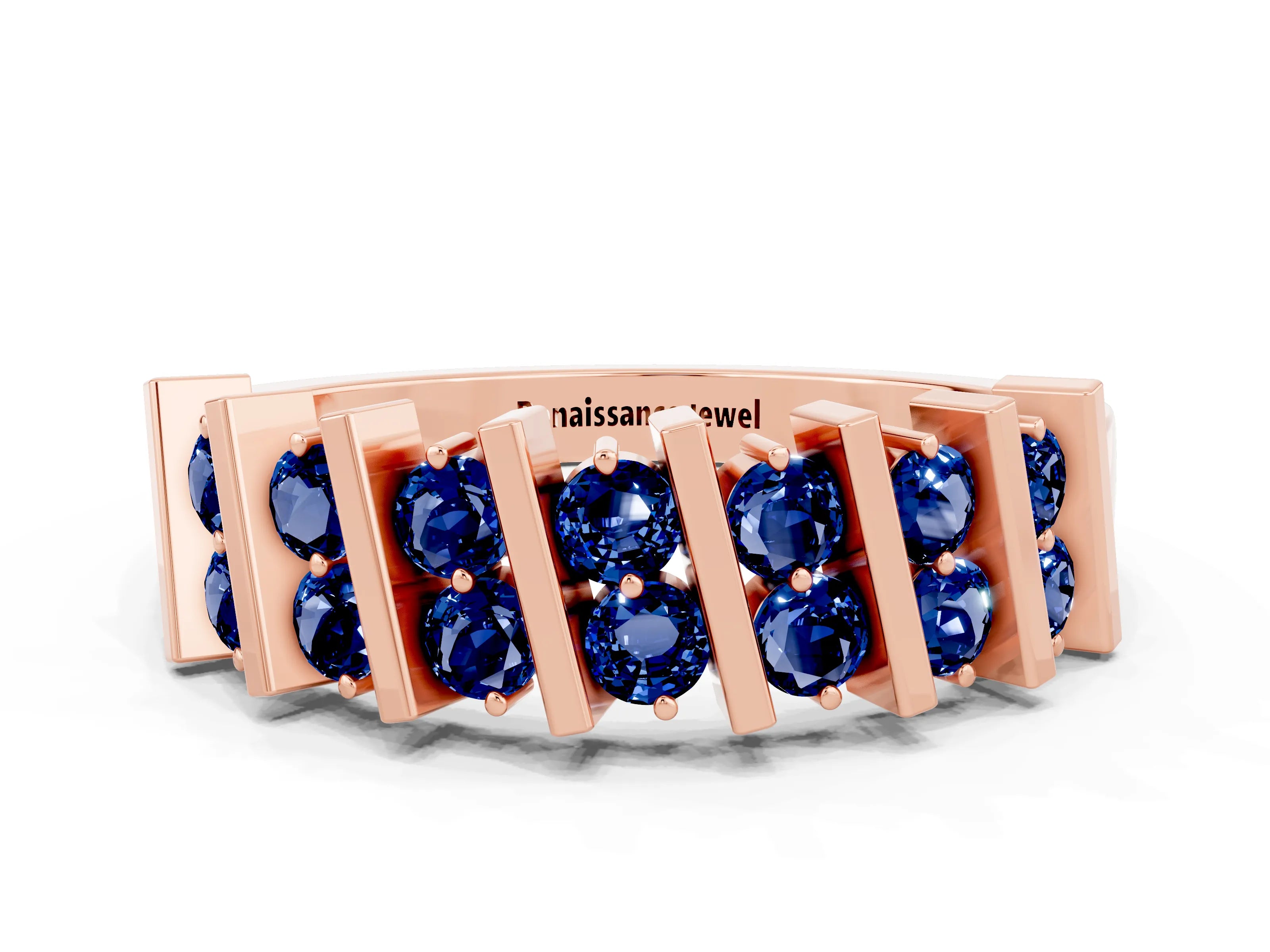 Rose gold Channel Set Round Blue Sapphire Anniversary Band with Vertical Prongs_6