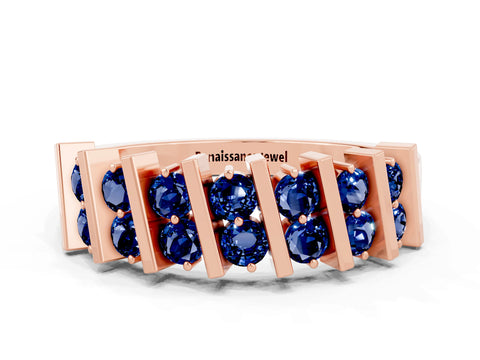Rose gold Channel Set Round Blue Sapphire Anniversary Band with Vertical Prongs_6