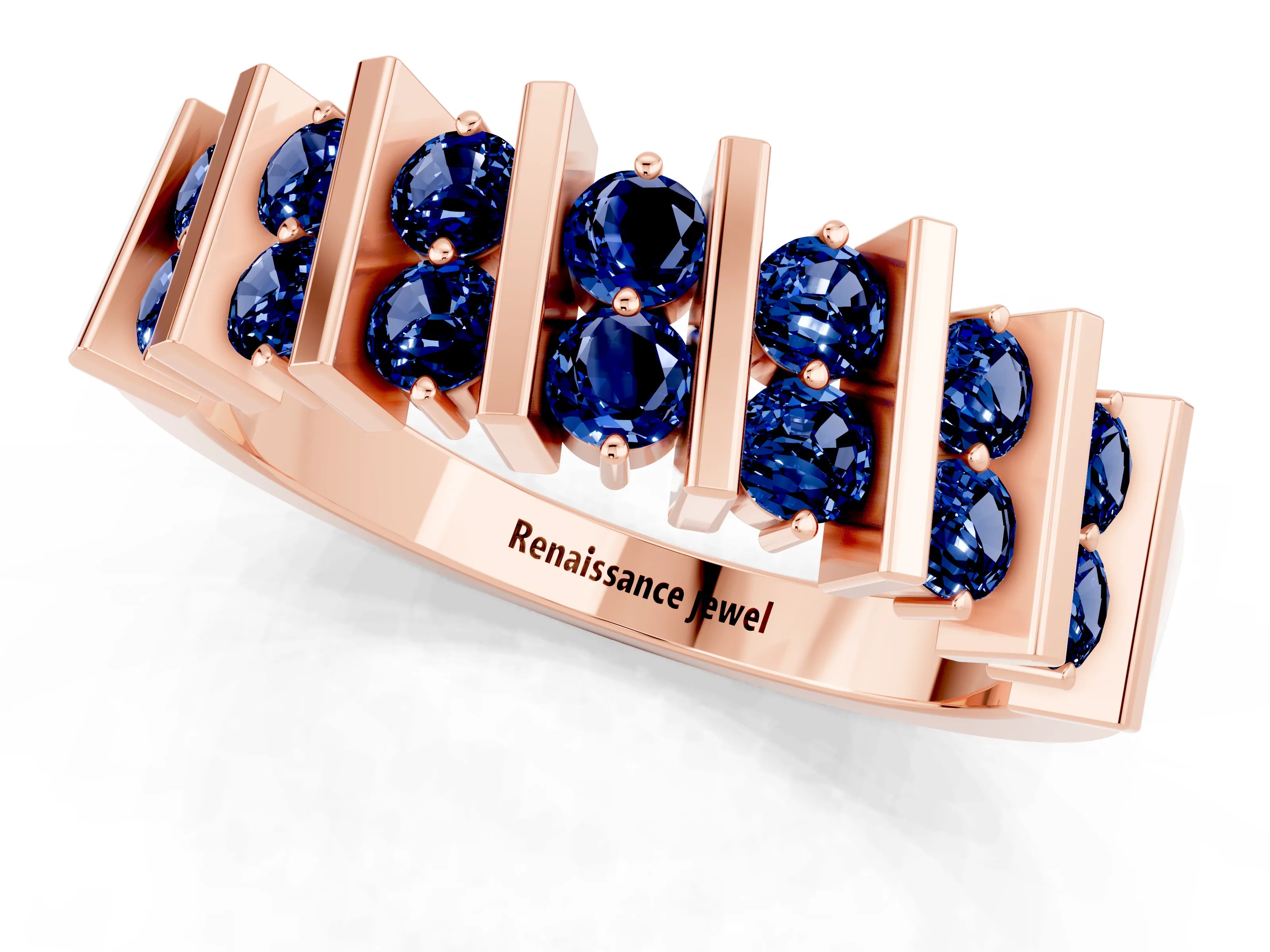 Rose gold Channel Set Round Blue Sapphire Anniversary Band with Vertical Prongs_7