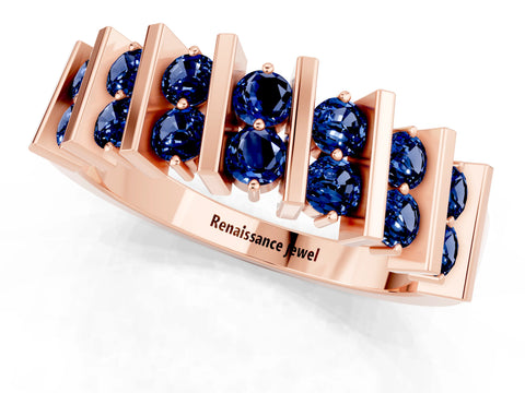 Rose gold Channel Set Round Blue Sapphire Anniversary Band with Vertical Prongs_7