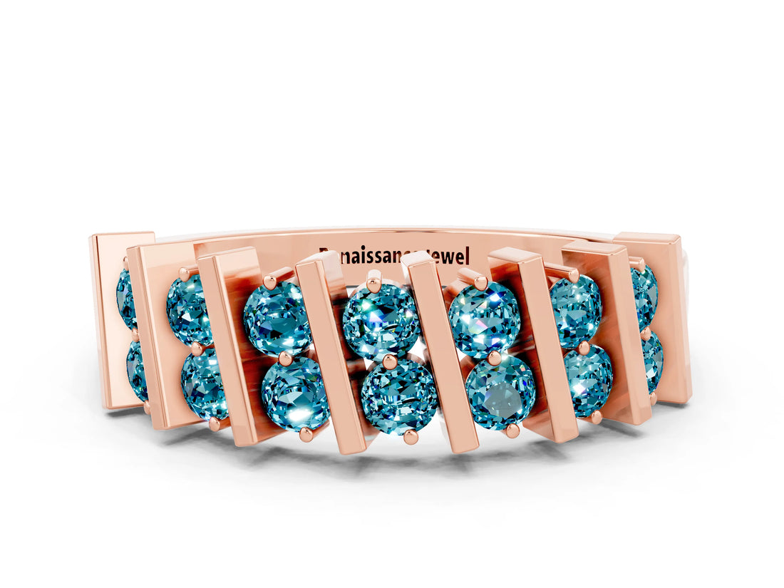 Rose gold Channel Set Round Blue Topaz Anniversary Band with Vertical Prongs_6