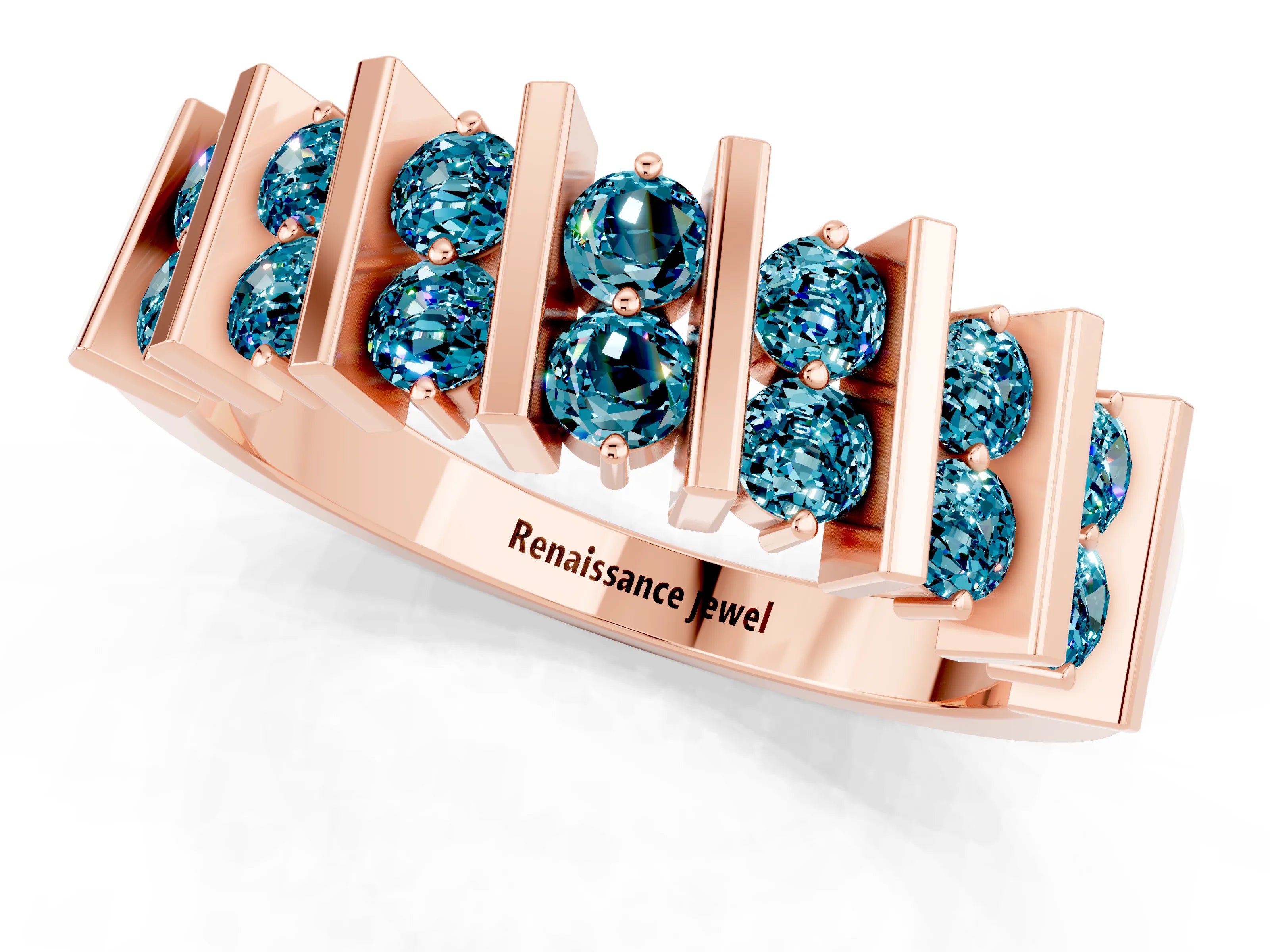 Rose gold Channel Set Round Blue Topaz Anniversary Band with Vertical Prongs_7