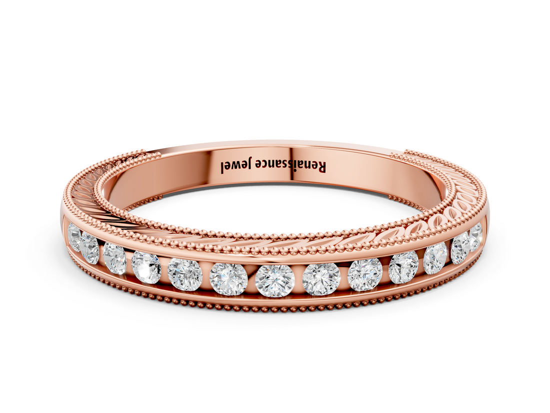 Rose gold Channel Set Round Diamond Milgrain Edge Wedding Band_4