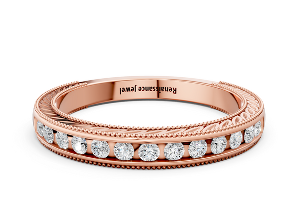 Rose gold Channel Set Round Diamond Milgrain Edge Wedding Band