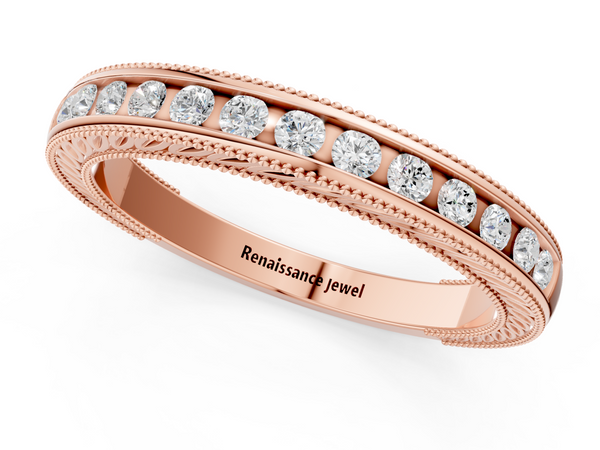Rose gold Channel Set Round Diamond Milgrain Edge Wedding Band