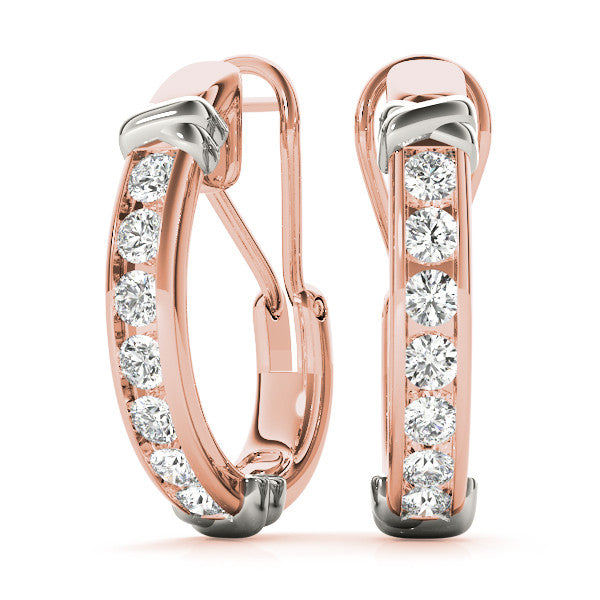 Rose gold Channel-Set Round Diamond Two-Tone Hoop Earrings with Claw Prong Setting