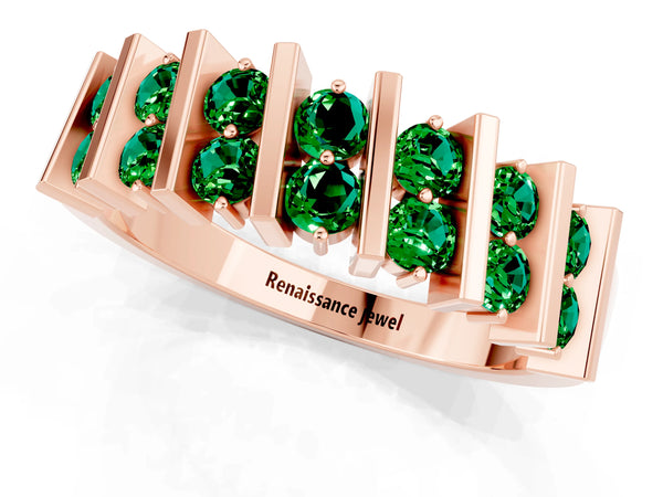 Rose Gold Round Lab-Grown Emerald Double Row Bar Set Anniversary Band with Upright Bars