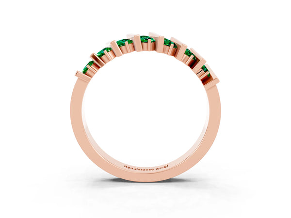 Rose Gold Round Lab-Grown Emerald Double Row Bar Set Anniversary Band with Upright Bars
