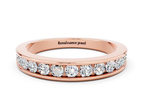 Rose Gold Round Moissanite Channel Set Half Eternity Band with Plain Walls