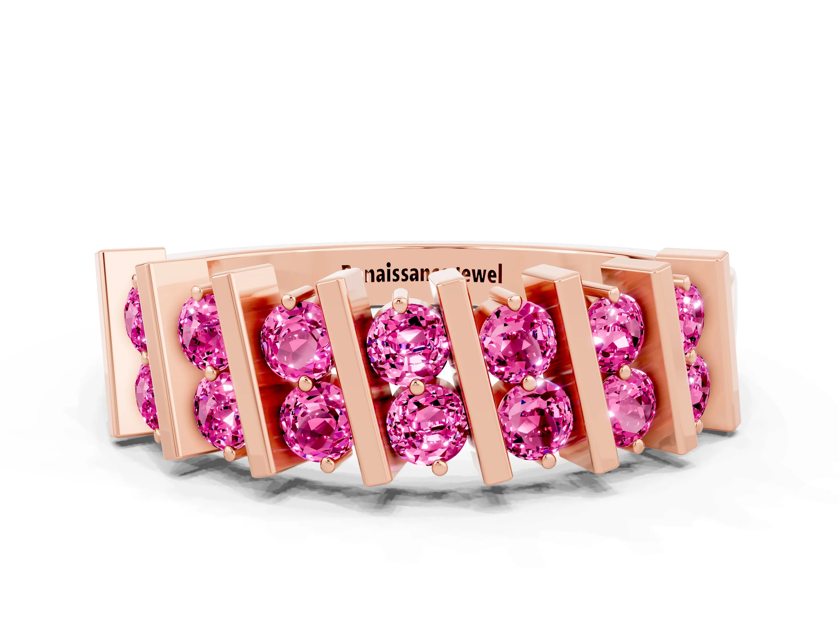 Rose gold Channel Set Round Pink Sapphire Anniversary Band with Vertical Prongs_6