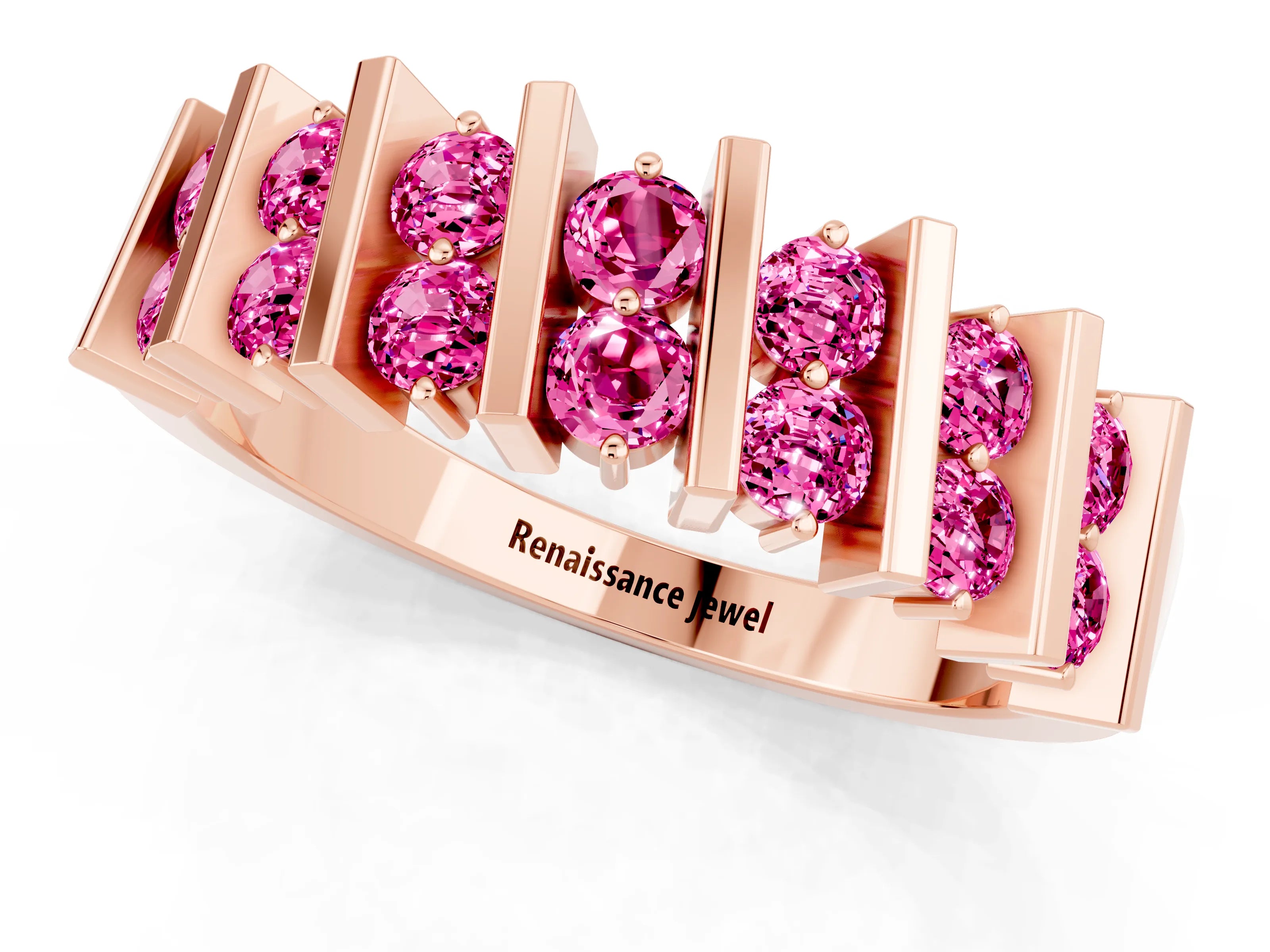 Rose gold Channel Set Round Pink Sapphire Anniversary Band with Vertical Prongs_7