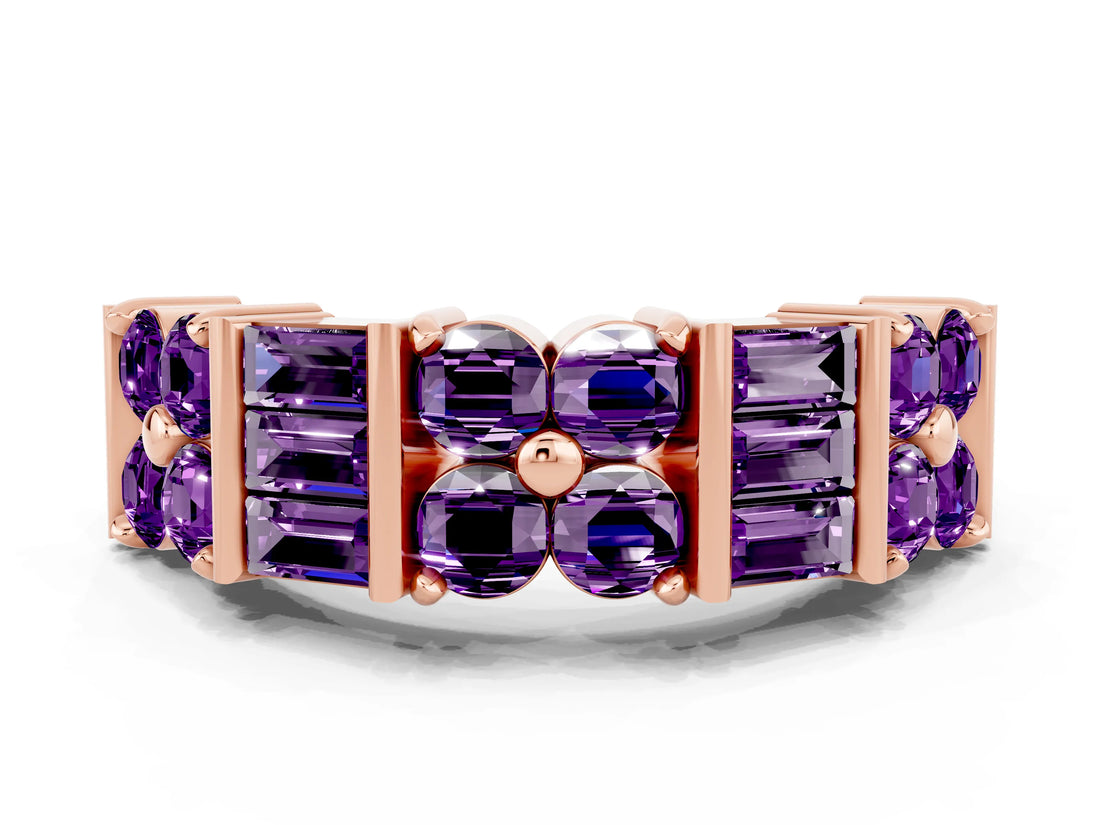 Rose gold Channel Set Round and Baguette Amethyst Anniversary Band with Prong Setting_18