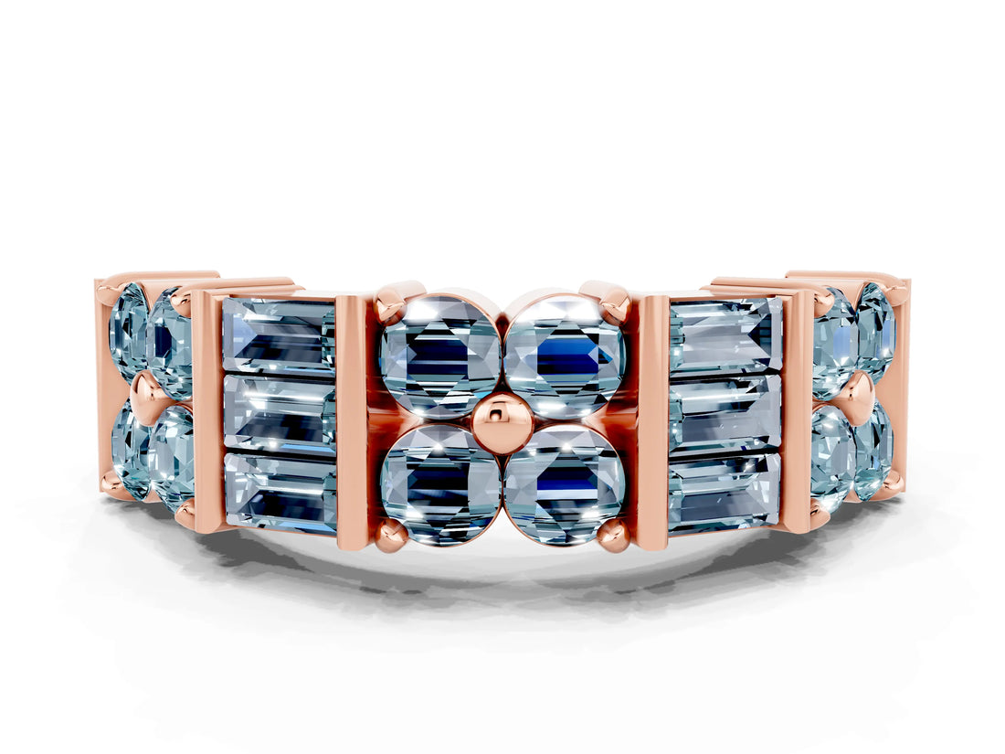 Rose gold Channel Set Round and Baguette Aquamarine Anniversary Band with Prong Setting_18