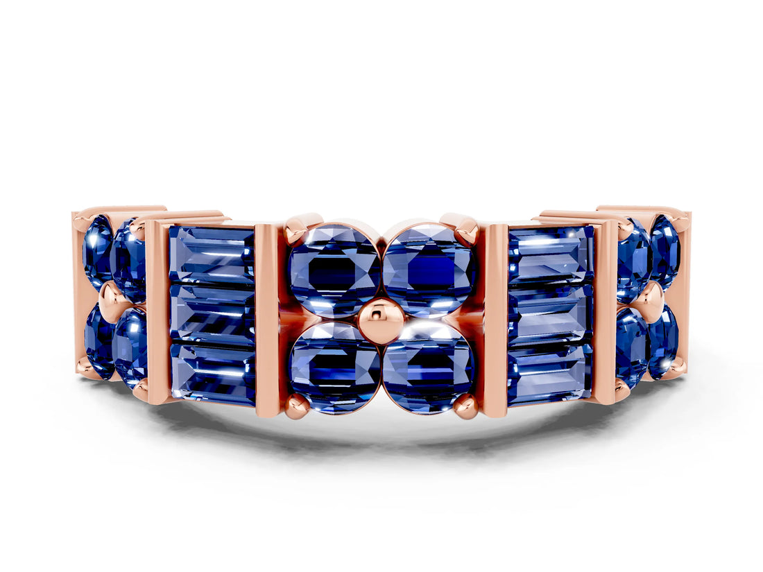 Rose gold Channel Set Round and Baguette Blue Sapphire Anniversary Band with Prong Setting_18