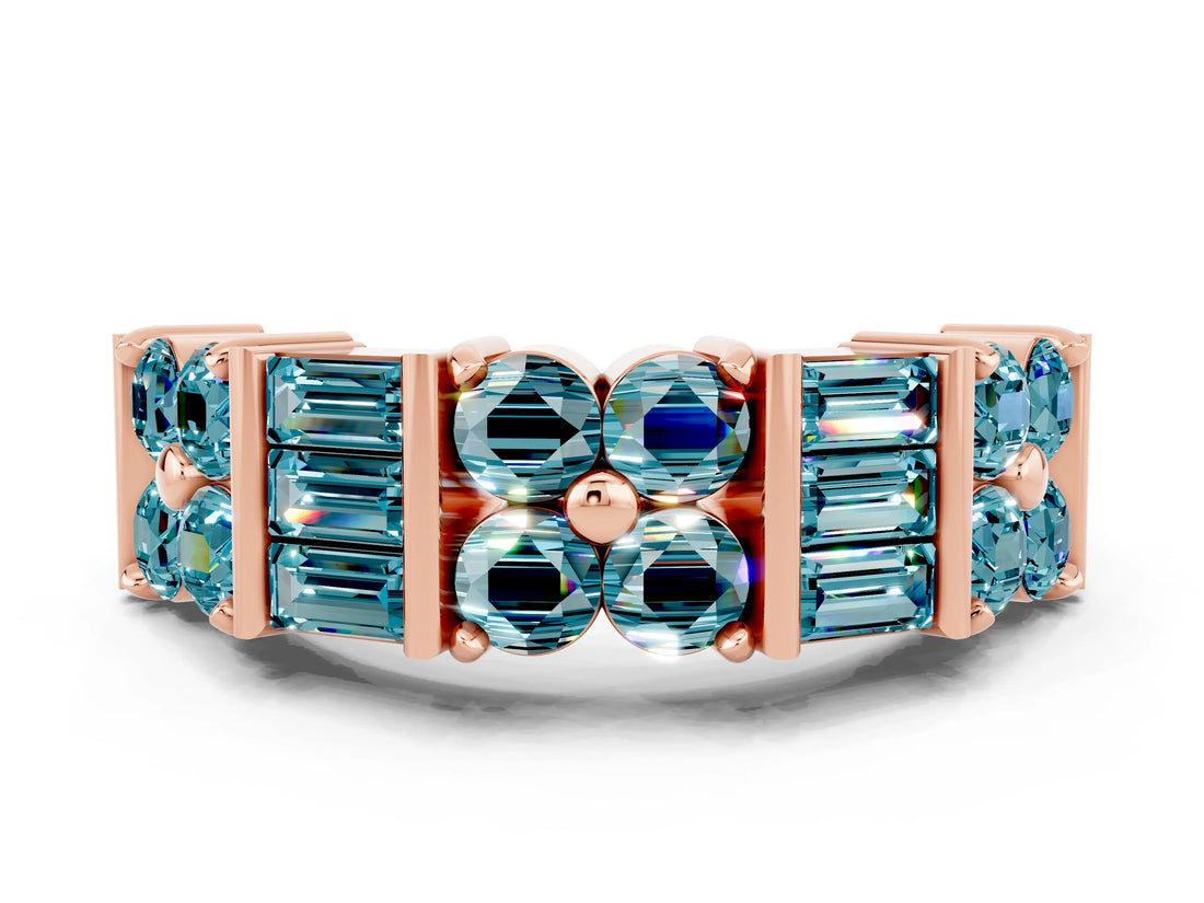 Rose gold Channel Set Round and Baguette Blue Topaz Anniversary Band with Prong Setting_18