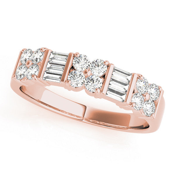 Rose gold Channel Set Round and Baguette Diamond Anniversary Band with Prong Setting