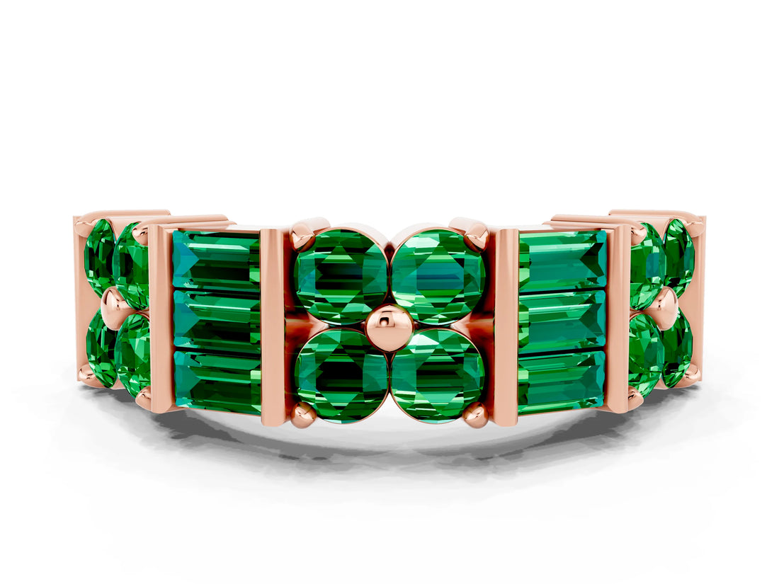 Rose gold Channel Set Round and Baguette Emerald Anniversary Band with Prong Setting_18