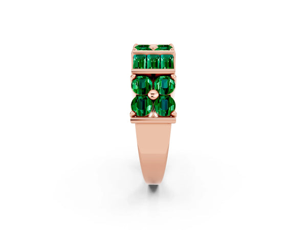 Rose Gold Round and Baguette Lab-Grown Emerald Cluster and Channel Set Anniversary Band