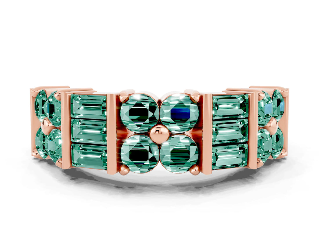 Rose gold Channel Set Round and Baguette Green Sapphire Anniversary Band with Prong Setting_18