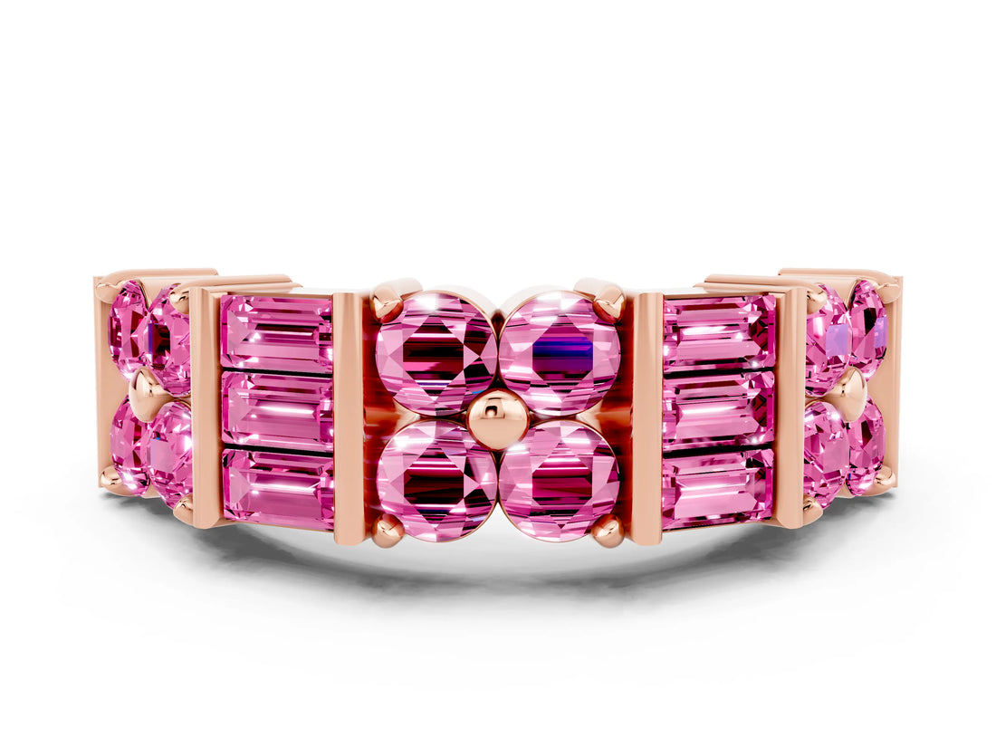 Rose gold Channel Set Round and Baguette Pink Sapphire Anniversary Band with Prong Setting_30