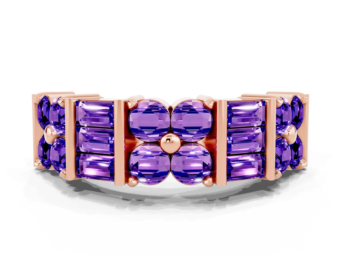 Rose gold Channel Set Round and Baguette Tanzanite Anniversary Band with Prong Setting_18