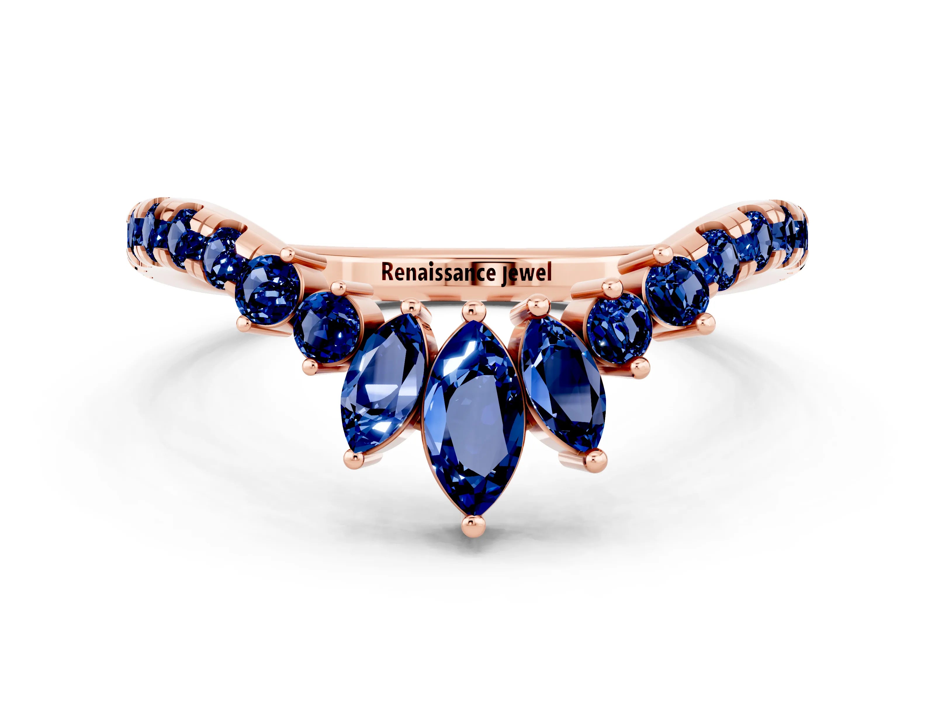 Rose gold Chevron Marquise and Round Blue Sapphire Open Band with Prong Setting_6