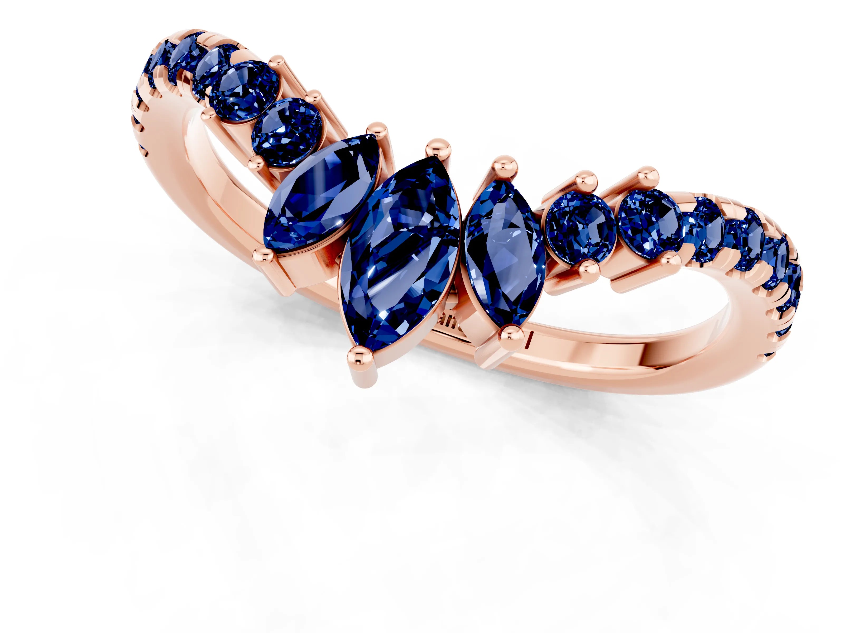 Rose gold Chevron Marquise and Round Blue Sapphire Open Band with Prong Setting_7