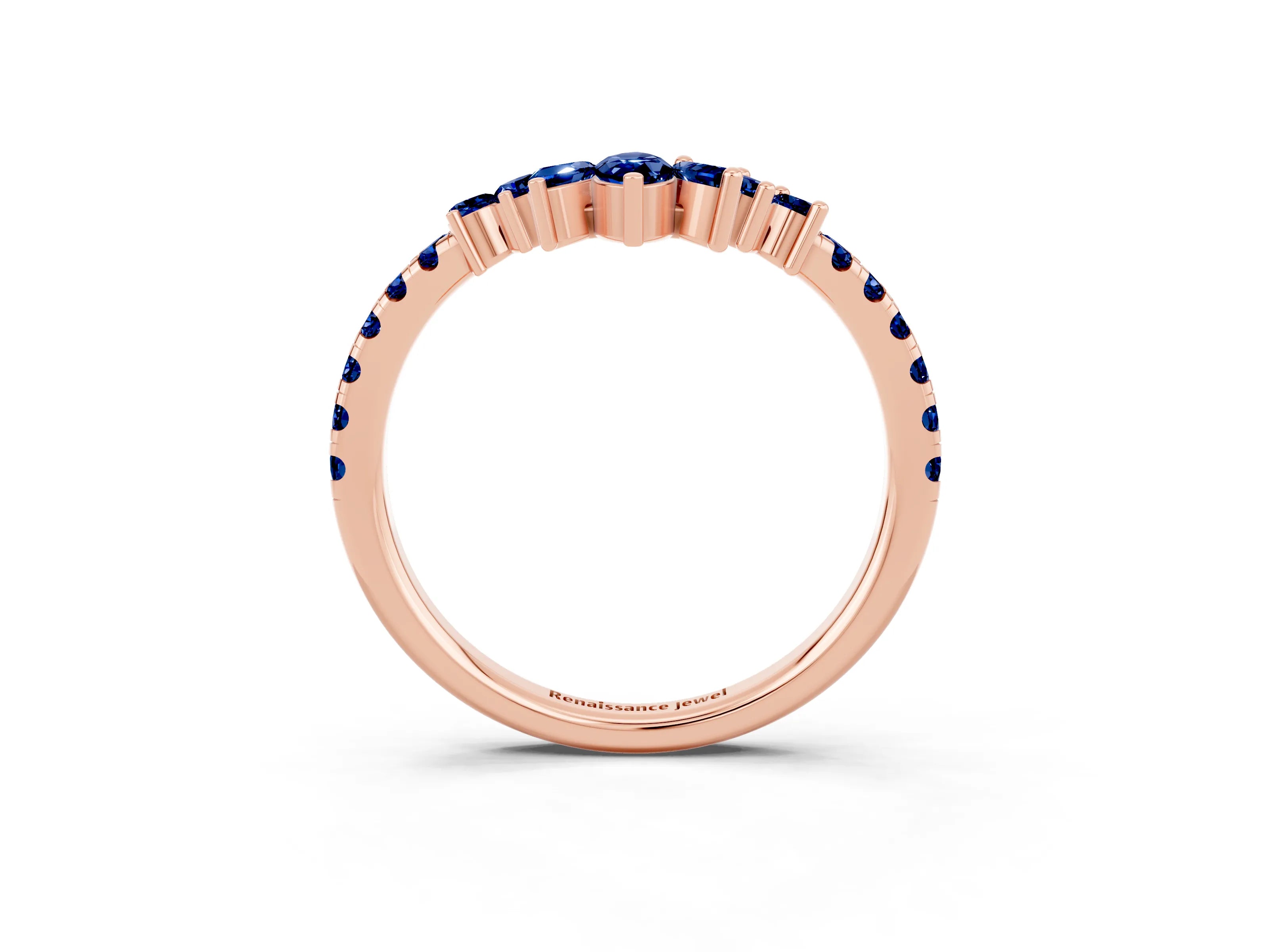 Rose gold Chevron Marquise and Round Blue Sapphire Open Band with Prong Setting_9
