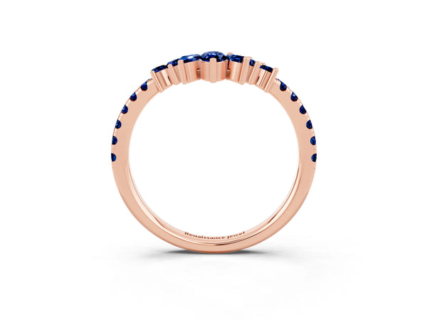Rose Gold Marquise and Round Lab-Grown Blue Sapphire Chevron Wedding Band with Marquise Crown