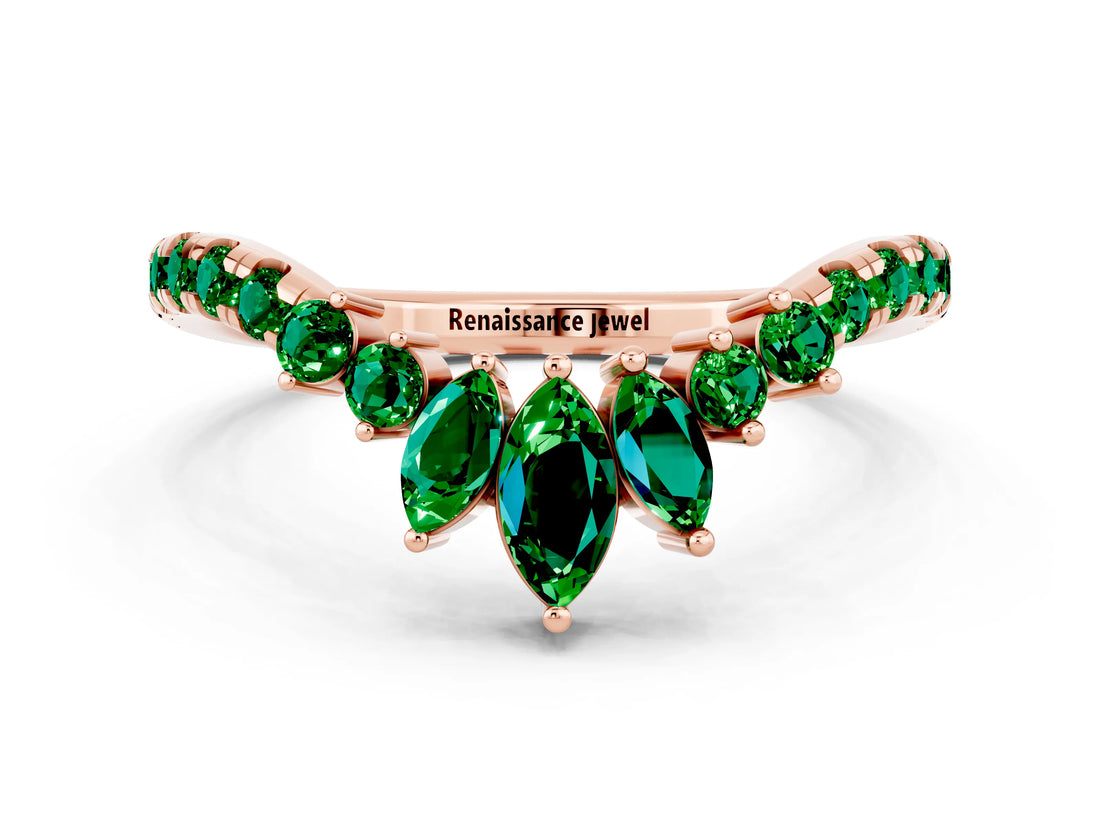 Rose gold Chevron Marquise and Round Emerald Open Band with Prong Setting_6