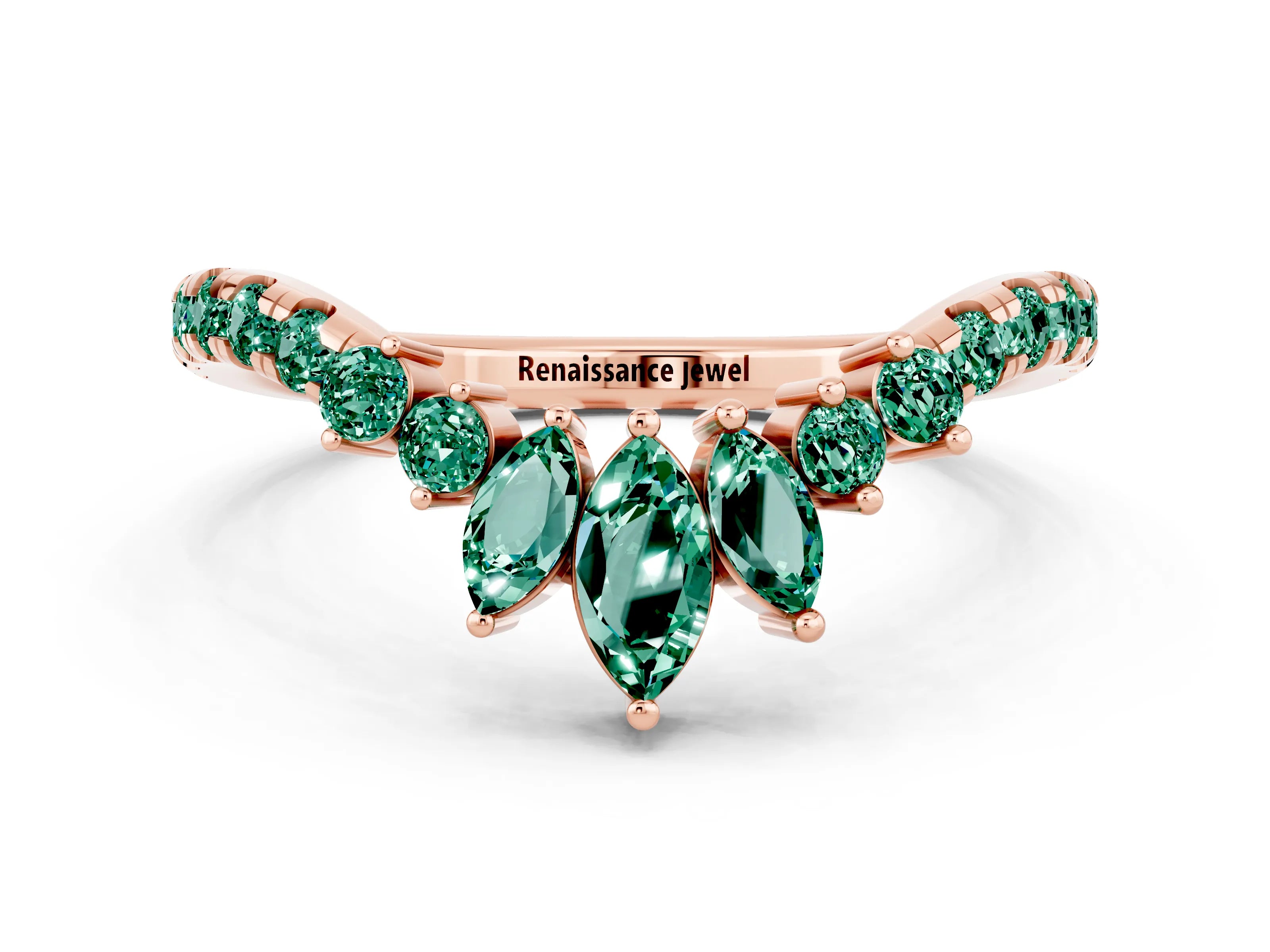 Rose gold Chevron Marquise and Round Green Sapphire Open Band with Prong Setting_6