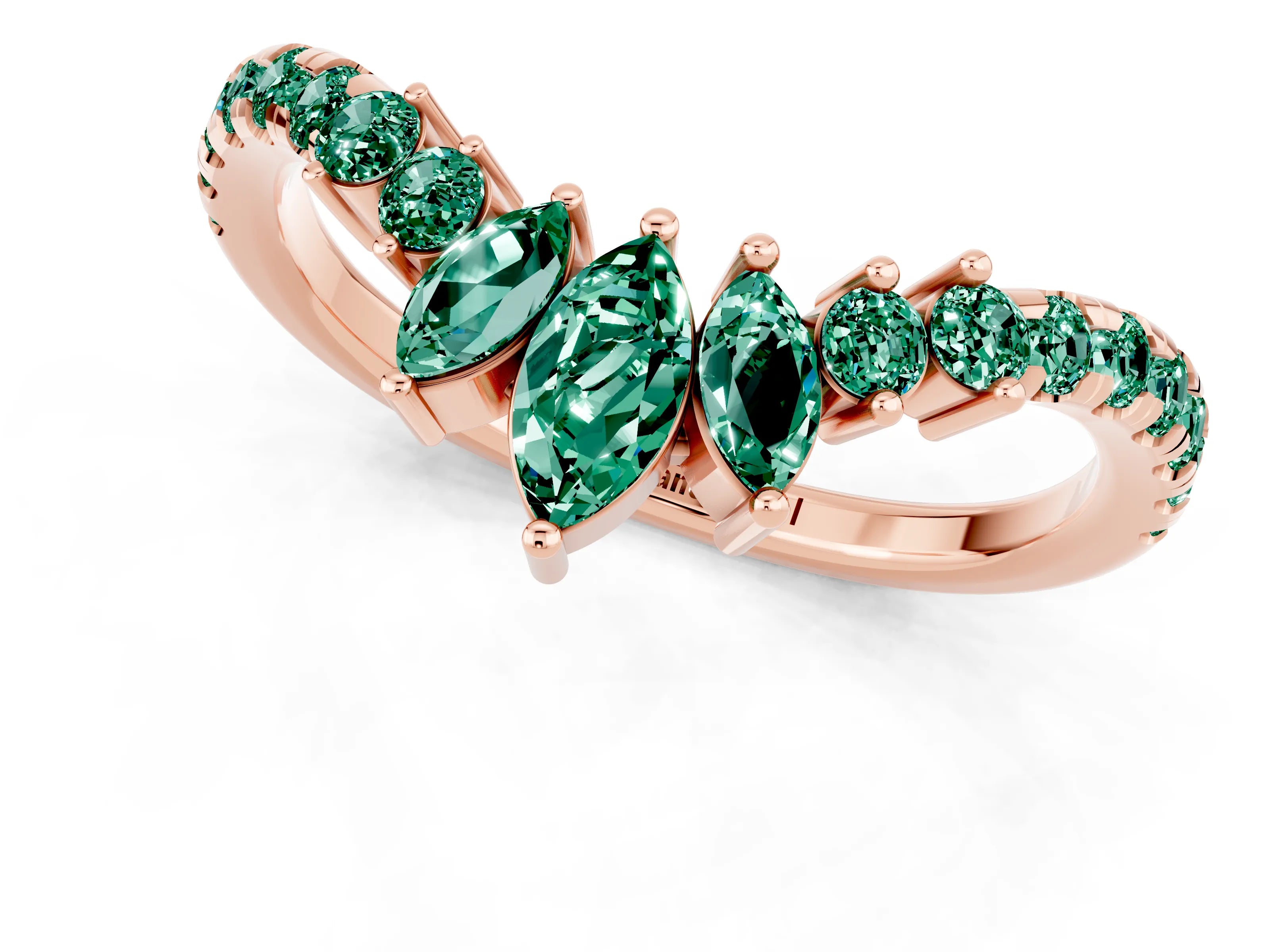 Rose gold Chevron Marquise and Round Green Sapphire Open Band with Prong Setting_7