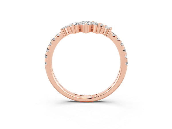 Rose Gold Marquise and Round Moissanite Chevron Wedding Band with Marquise Crown