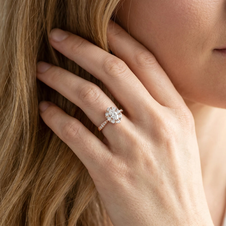 Rose gold Cluster Marquise Diamond Pavé Band Flower Prong Setting Ring