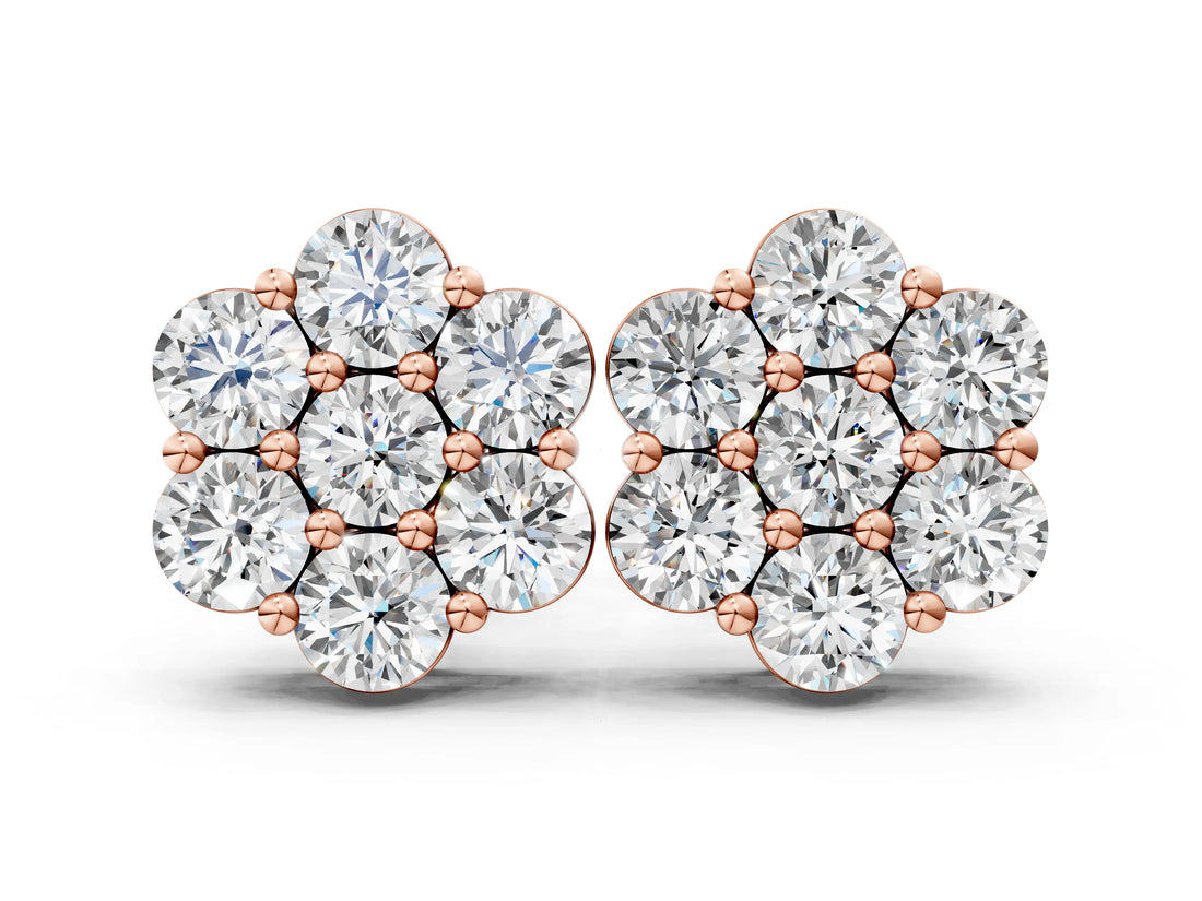 Rose gold Cluster Round Diamond Stud Earrings with Prong Setting_31