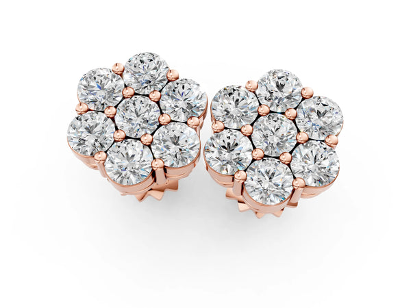 Rose gold Cluster Round Diamond Stud Earrings with Prong Setting