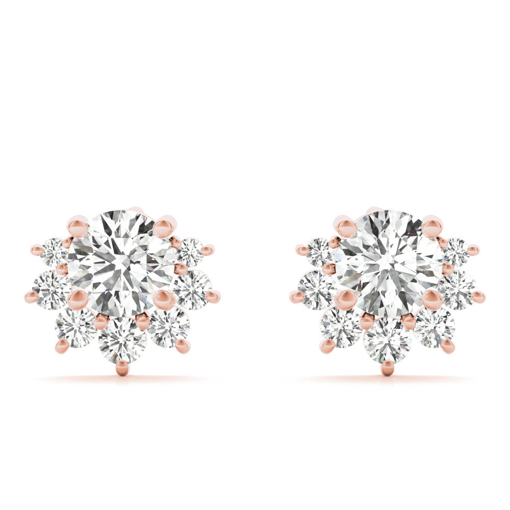 Rose gold Cluster Round Diamond Stud Earrings with White Gold Band and Four-Prong Setting