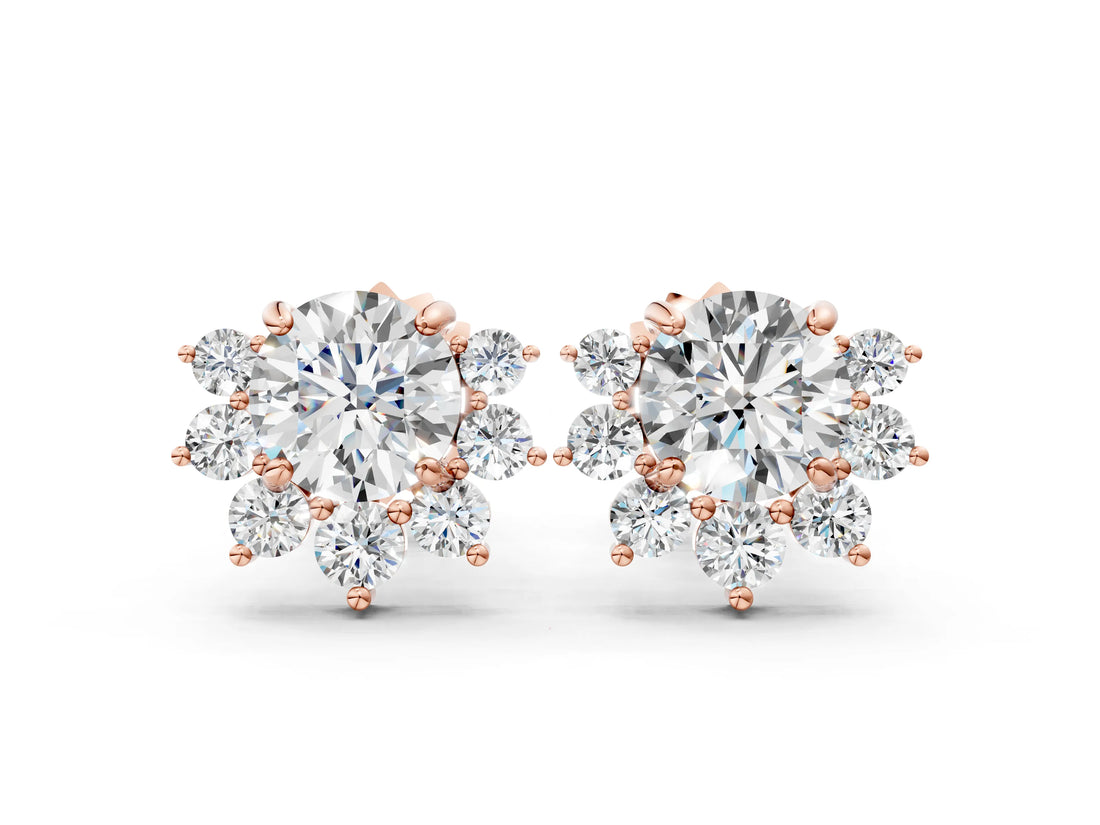 Rose gold Cluster Round Diamond Stud Earrings with White Gold Band and Four-Prong Setting_12